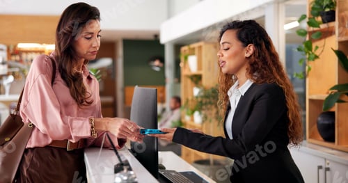 Preview: Hotel, receptionist and woman with card machine for booking, guest room service and reservation. Ho