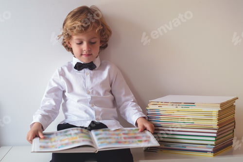 Preview: Content boy in suit reading book