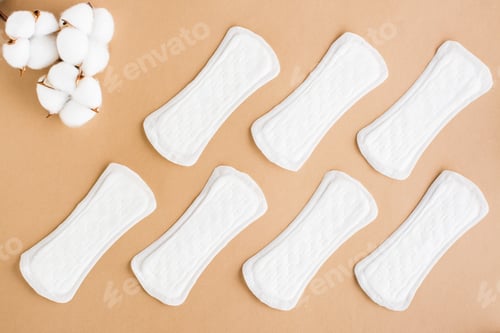 Preview: A pattern of clean disposable sanitary pads and a branch of cotton on a beige background