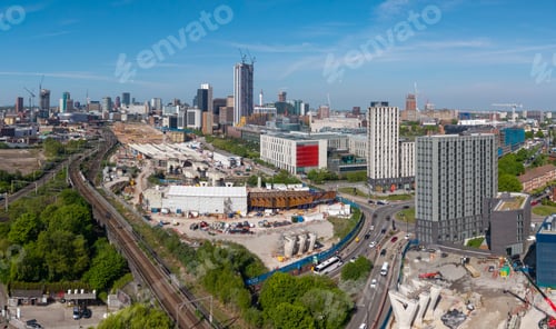 Preview: Aerial view of a Birmingham cityscape skyline and HS2 construction site on Curzon Street