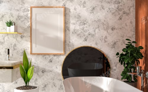 Preview: 3D illustration Mockup photo frame in bathroom rendering