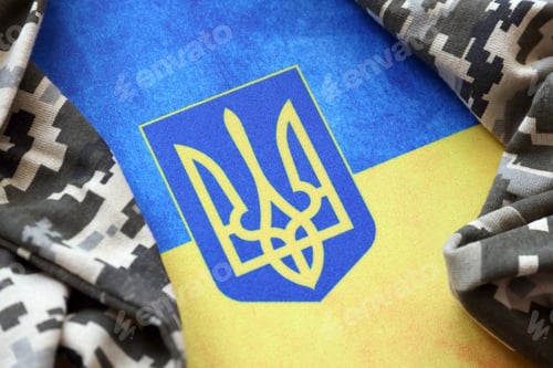 Preview: Ukrainian flag and coat of arms with fabric with texture of pixeled camouflage