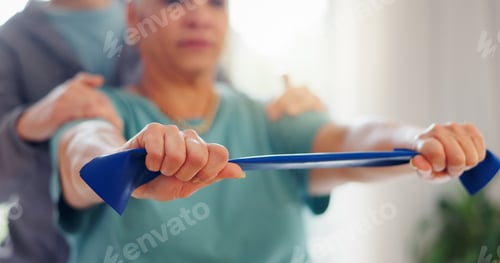 Preview: Resistance band, physiotherapy and hands of woman for consulting, medical service and wellness. Hea