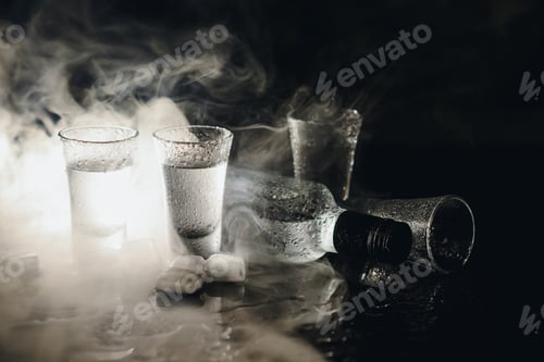 Preview: Vodka. Shots, glasses with vodka with ice .Dark background. Copy space .Selective focus.