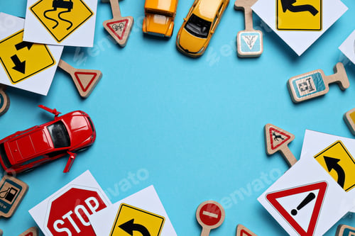 Preview: Road signs and vehicles on a blue background.