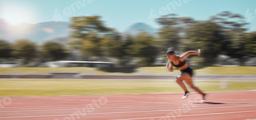 Preview: Speed, track and fast woman running for fitness health, exercise and workout for marathon race, con
