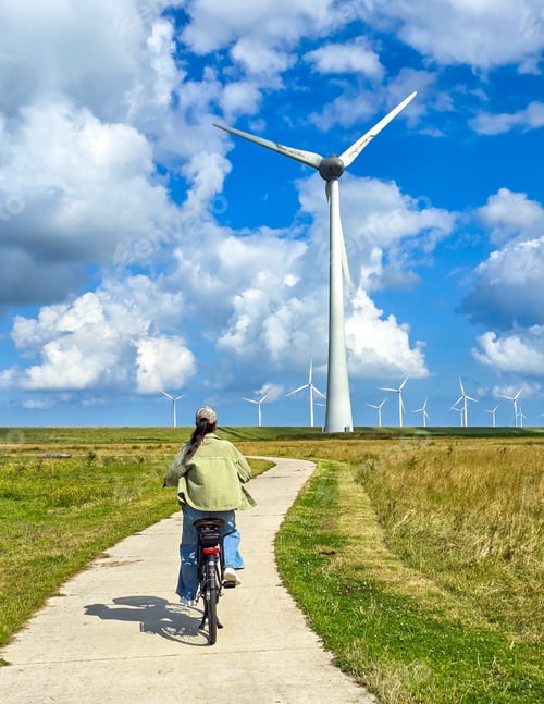 Preview: Cyclist Enjoys Scenic Ride Past Wind Turbines Generating Green Energy in Netherlands