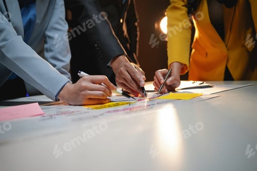 Preview: Business people analyzing data using sticky notes on a white table