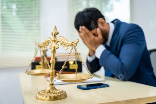 Preview: Male Asian lawyer in formal suit navigates contracts, agreements, legal obligations stress, failure