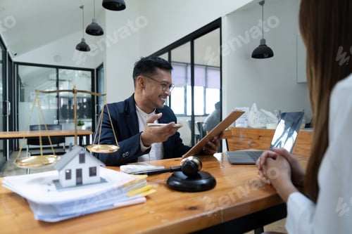 Preview: lawyer insurance broker consulting giving legal advice to couple customer about buying renting