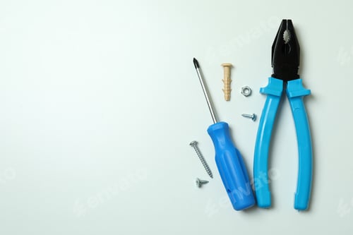 Preview: Housework tools on white background, space for text