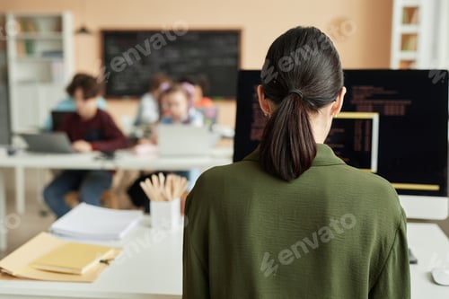 Preview: Back view at female teacher using computer in programming class