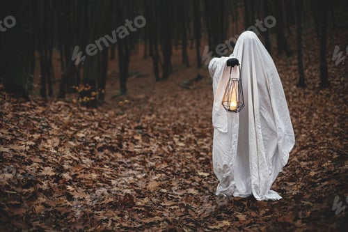 Preview: Happy Halloween! Spooky ghost holding glowing lantern in moody dark autumn forest