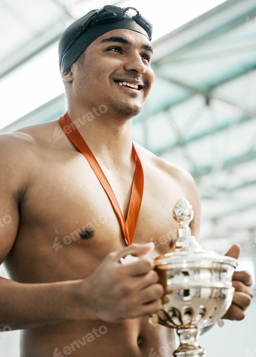 Preview: Sports winner, swimming trophy and happy man with competition success, fitness achievement and winn