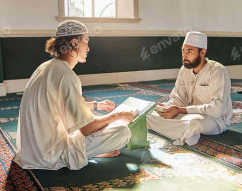 Preview: Quran, muslim and mosque with an imam teaching a student about religion, tradition or culture durin