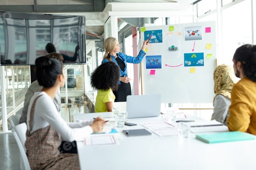 Preview: Caucasian businesswoman giving presentation on flip chart during meeting