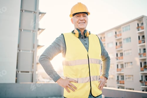 Preview: Construction worker, elderly man and architecture, renovation and building industry with portrait o