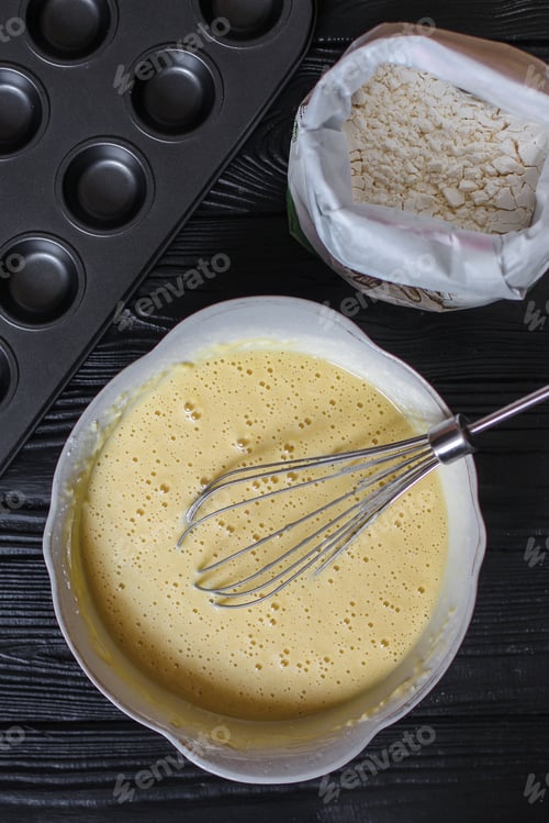 Preview: Dough Liquid, Raw Ingredients (Eggs, Flour, Sugar, Salt And More) Menu Concept. Food Background