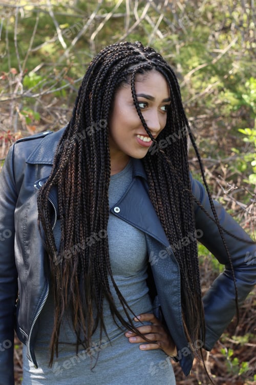 Preview: Woman in Leather Jacket Smiling