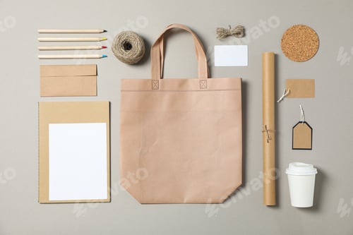 Preview: Mockup. Corporate stationery, tote bag and paper cup on grey background. Flat lay