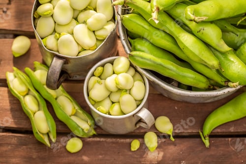 Preview: Top view of broad beans on old wooden chair