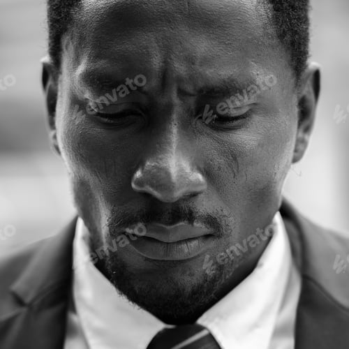 Preview: Face of stressed African businessman looking sad and depressed in black and white