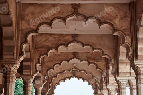 Preview: Hall of public audience of Agra red fort in India, beautiful architecture elements with arches