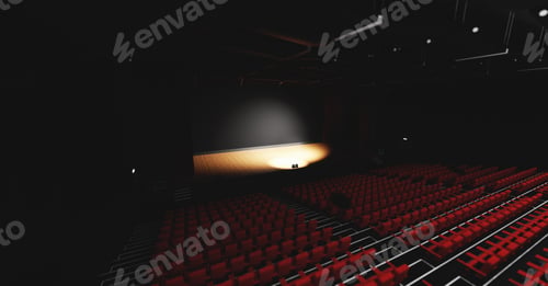 Preview: Theatre with empty stage in spotlight. Red theater curtain and seats