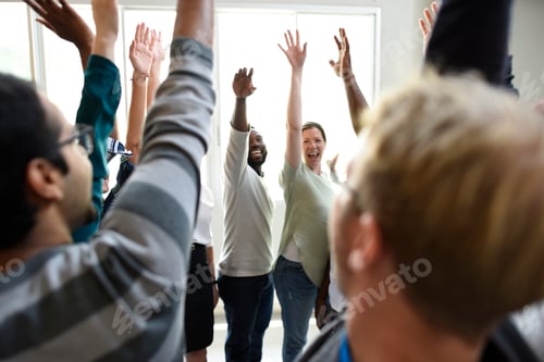 Preview: Diversity teamwork with raised hands