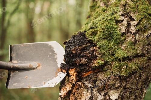 Preview: man survivalist with shovel gathering wild chaga mushroom or fungus growing on the birch tree trunk