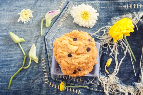 Preview: Homemade oatmeal cookies and flowers on vintage blue denim jeans background.