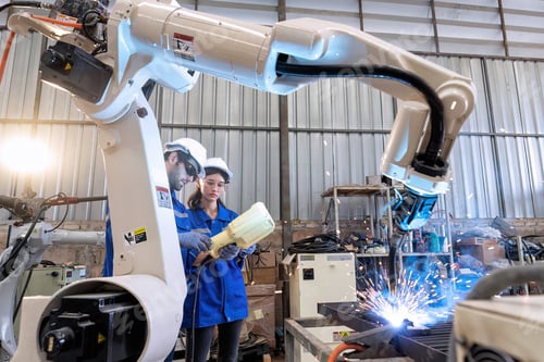 Preview: In robotic maintenance shop an engineer hold controller operate robot arm welding fire spark