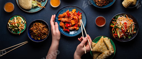 Preview: Set of Chinese dishes on table, female hands holding chopsticks