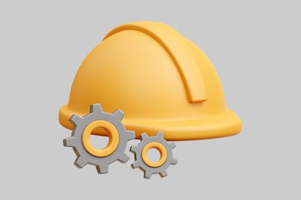 Visualização: Capacete amarelo com ícones de engrenagem para construção ou indústria