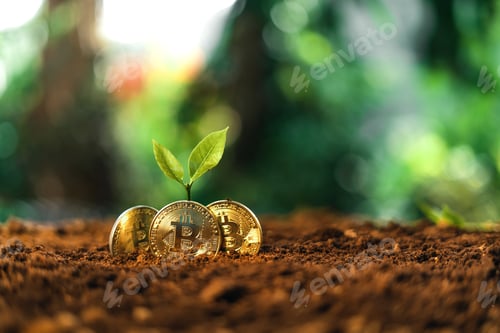 Preview: Bitcoin growth, Bitcoin coins on the ground and leaves grow.