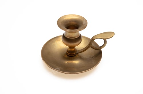 Preview: Bronze old candle holder, design element. Brass metal candlestick isolated on white background