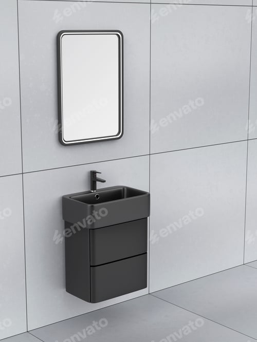 Preview: Black wash basin cabinet with faucet and mirror