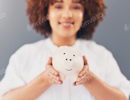 Preview: Finance, piggy bank or black woman with savings budget or financial profits growth on blurred backg