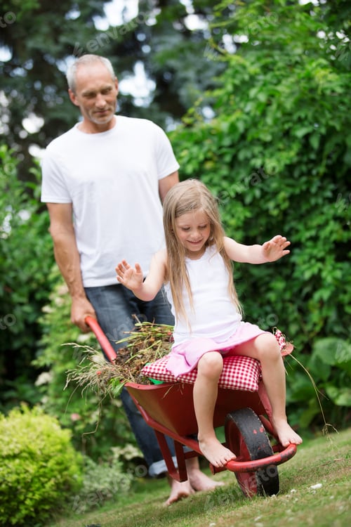 Preview: Man pushing his little daughter sitting in a wheelbarrow