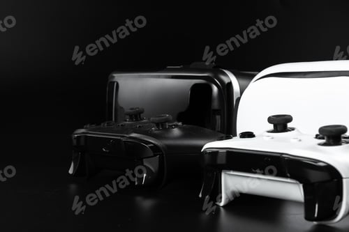 Preview: VR virtual reality glasses on a black table.