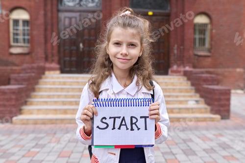 Preview: Elementary school girl student with notepad and handwritten word start