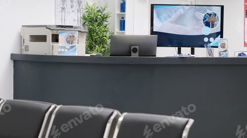 Preview: Empty hospital reception counter and waiting area lobby