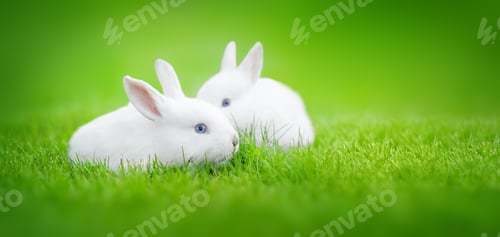 Preview: Two white rabbits snuggled up to each other on the green grass. Beauty in nature.