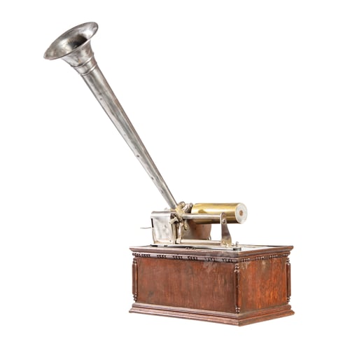 Preview: Old gramophone with plate or vinyl disk on wooden box isolated on white background.