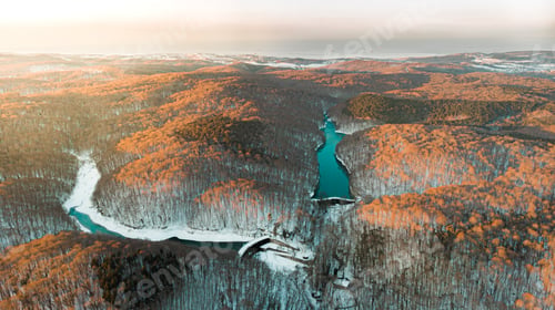 Preview: Aerial view of forest in snow season with sunset colours