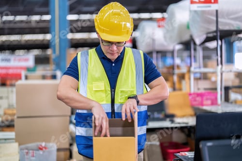 Preview: Worker in large depot storage warehouse use adhesive tape prepare packing box at cashier counter