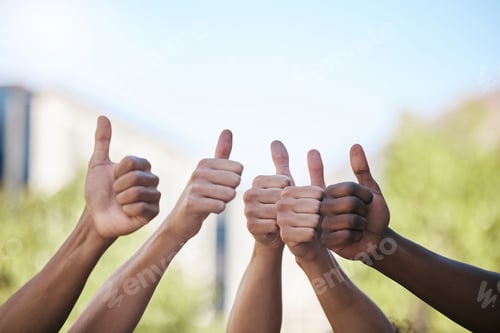Preview: Diversity, hands and thumbs up in collaboration, teamwork or agreement in solidarity together in th