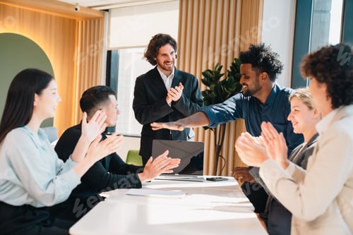 Preview: Business team showing unity success with hands together in office, teamwork collaboration