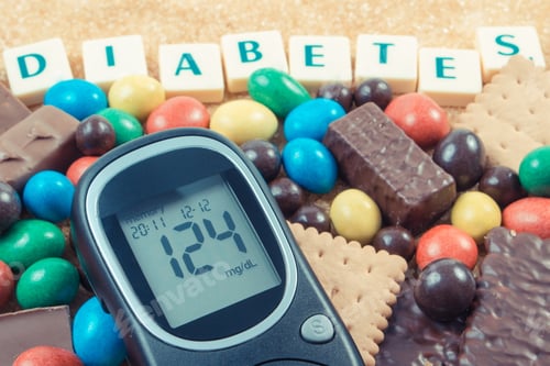Preview: Glucose meter for checking sugar level and heap of sweets containing a lot of sugar
