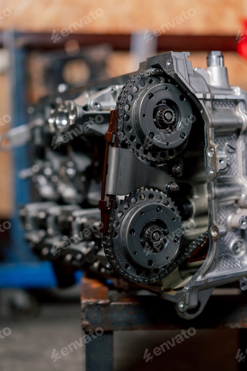 Preview: assembled engine block on table the mechanic opened the locking valve mechanism Motor capital repair